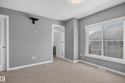 Interior room featuring light grey walls, carpet flooring, and white trim - 