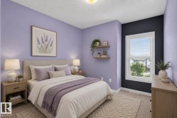 Carpeted bedroom featuring a window with white blinds, floating wall shelves, and an accent wall - 