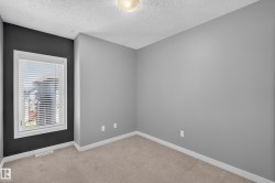 Carpeted room featuring a white-framed window with blinds, a dark accent wall, and three light gray walls - 