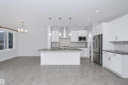 Open-concept kitchen and living area featuring light wood-finish flooring, white cabinetry, granite countertops, and stainless steel appliances - 