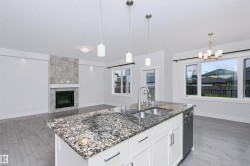 Spacious kitchen island featuring a speckled countertop, dual basin sink with a gooseneck faucet, integrated dishwasher, and pendant lighting - 
