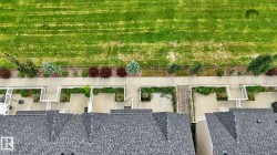 Private patios featuring concrete surfacing and perimeter landscaping, bordering a public sidewalk and expansive green space - 