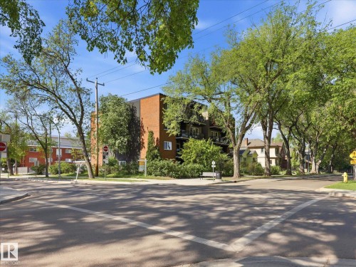 Multi-story brick building with dark-colored balcony railings, surrounded by mature trees and paved sidewalks - 301 10003 87 Avenue, Edmonton, AB - Outdoor