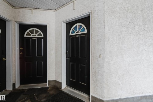 Pair of dark paneled entry doors featuring transom windows with decorative grilles, set within a stucco exterior - 202 10939 82 Avenue, Edmonton, AB 