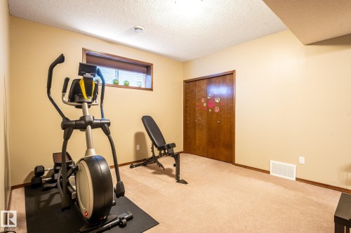 Carpeted room with a horizontal window and wood-finish trim - 19 Newton Place, St. Albert, AB - Indoor Photo Showing Gym Room