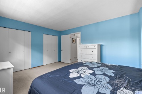 Spacious room featuring light blue walls, plush carpeting, and multiple bi-fold closet doors offering ample storage - 10940 123 Street, Edmonton, AB 