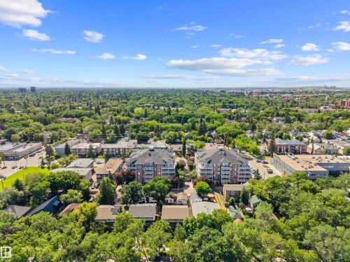 Expansive urban landscape featuring mature tree canopies, multi-story residential buildings, and commercial structures - 10940 123 Street, Edmonton, AB 