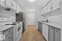 Galley kitchen featuring white upper cabinetry, gray lower cabinetry, white countertops, and a full suite of appliances including a stainless steel refrigerator, white range, and white dishwasher - 