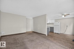 Living area featuring carpet flooring, light-toned walls, and a partial wall separating the kitchen - 
