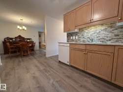 Kitchen area featuring light wood-finish cabinetry, a white dishwasher, stainless steel sink, and mosaic tile backsplash - 