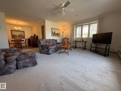 Carpeted living area featuring a ceiling fan, a large window with vertical blinds, and baseboard heating - 102 10903 21 Avenue, Edmonton, AB - Indoor Photo Showing Living Room