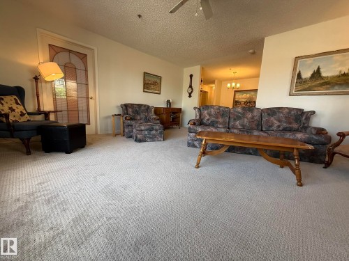 Textured carpeting throughout the living area provides a neutral foundation - 102 10903 21 Avenue, Edmonton, AB - Indoor Photo Showing Living Room
