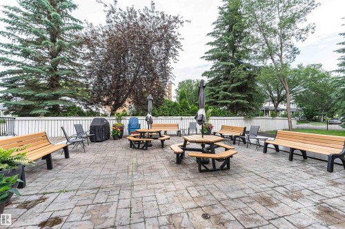 Expansive outdoor patio featuring stamped concrete paving, multiple benches, and picnic tables with umbrellas - 130 9008 99 Avenue Nw, Edmonton, AB 