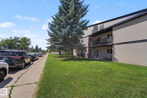 Multi-story residential building featuring horizontal siding, dark trim, and individual balconies with black railings - #6E 11608 28 Av Nw Nw, Edmonton, AB - Outdoor With Balcony