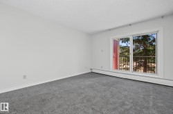 Carpeted interior space featuring white walls and a sliding glass door with balcony access - 