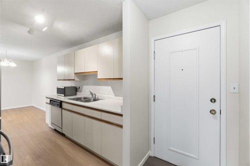 Kitchenette featuring light-toned cabinetry, a stainless steel dishwasher, and a double basin sink - #304 4924 19 Av Nw, Edmonton, AB 