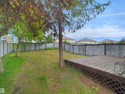 Expansive backyard featuring a wood deck, mature trees, and a combination of wood and composite fencing - 