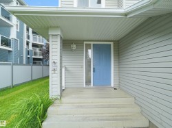 Covered entryway featuring a blue front door with a sidelight, concrete steps, and light gray horizontal siding - 