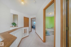 Hallway with light-toned carpeting, wood-finish trim, and recessed display niche - 