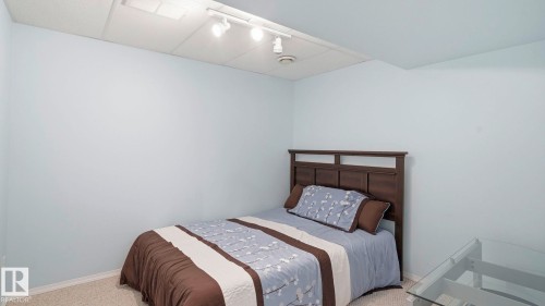 Light blue painted walls with track lighting and drop ceiling panels - 1225 Kane Wynd, Edmonton, AB 