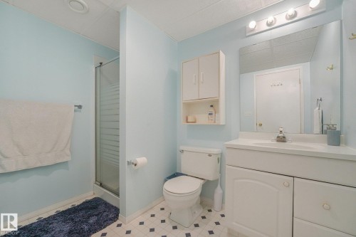Shower stall with clear glass door, single vanity with integrated sink, wall-mounted mirror, and white storage cabinetry - 1225 Kane Wynd Nw, Edmonton, AB - Indoor Photo Showing Bathroom