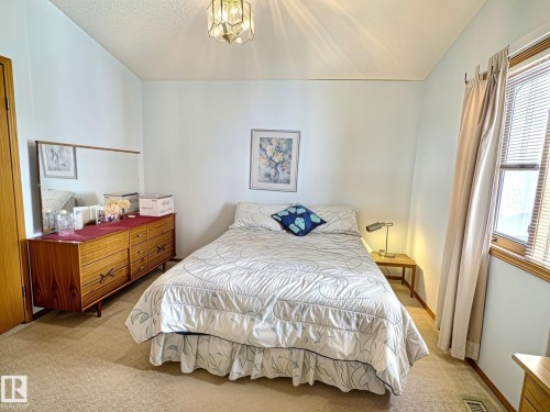 Carpeted room with a ceiling-mounted light fixture, light blue walls, and a window featuring wood-frame trim - 171 Rhatigan Road, Edmonton, AB 