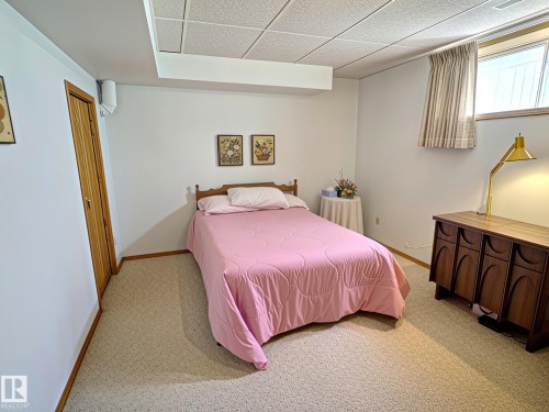 Carpeted room featuring a drop ceiling, white walls, and a window with blinds - 171 Rhatigan Road, Edmonton, AB 