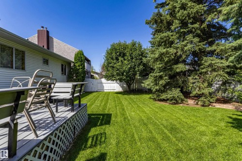 Expansive green lawn with mature trees and a privacy fence - 171 Rhatigan Road, Edmonton, AB 
