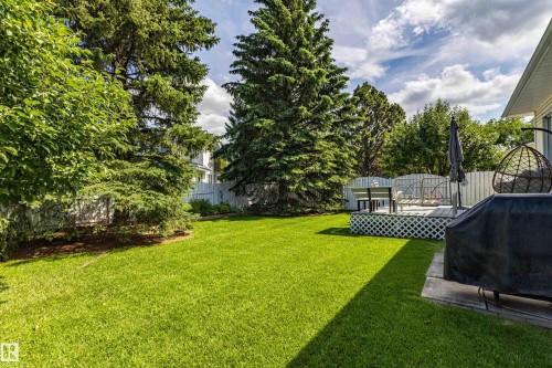 Expansive green lawn with mature trees and a raised deck - 171 Rhatigan Road, Edmonton, AB 