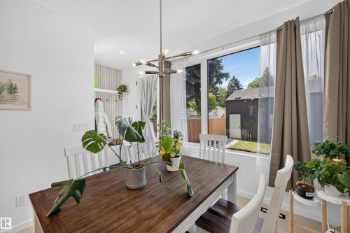 Dining area with wood-finish table, contemporary chandelier, large windows with natural light, and a built-in wall feature with hooks - 8551 81 Avenue, Edmonton, AB 