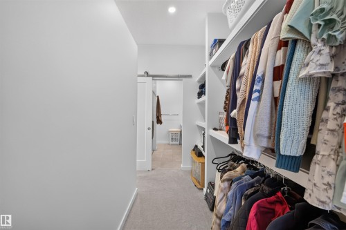 Walk-in closet featuring extensive built-in shelving, clothing rods, recessed lighting, and soft carpet flooring - 8551 81 Avenue, Edmonton, AB 