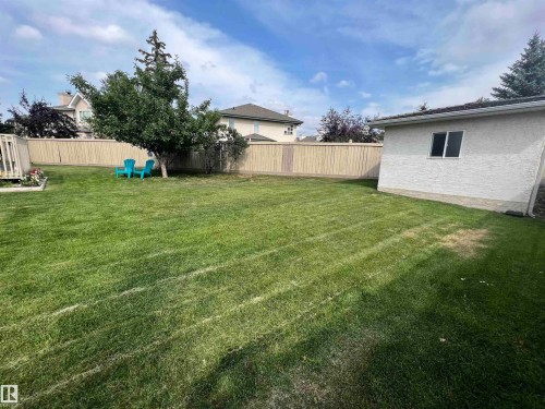 Expansive backyard featuring a manicured lawn, mature tree, and a wood privacy fence - 1417 115A Street, Edmonton, AB - Outdoor With Backyard