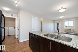 Kitchen island featuring a double basin stainless steel sink with a gooseneck faucet, light granite-style countertop, and dark wood-finish cabinetry - 