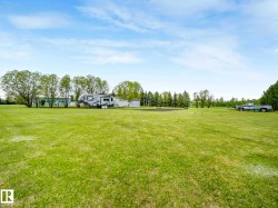 Expansive green lawn with a tree line in the background - 