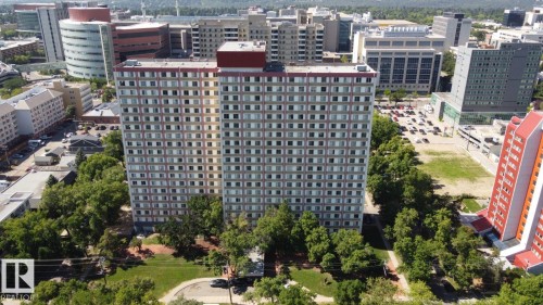 High-rise residential building featuring a prominent facade with numerous windows - 8510 111 Street, Edmonton, AB 