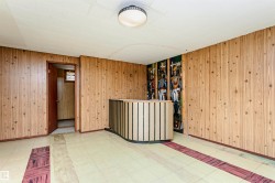 Room featuring light wood paneling, a built-in curved bar with vertical accents, and patterned flooring - 