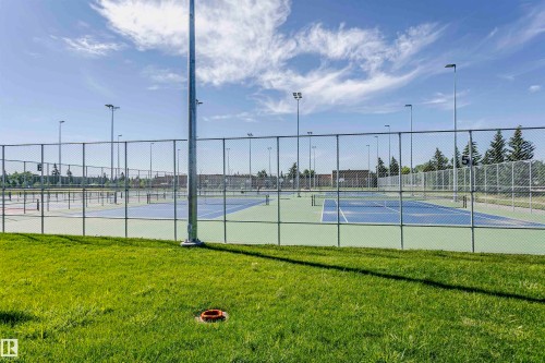 Multiple hard-surface tennis courts featuring light blue playing areas and lime green surrounds, enclosed by chain-link fencing - 11440 44A Avenue, Edmonton, AB 
