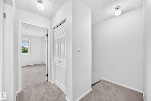 Hallway featuring light gray carpeting, white walls, and a paneled bifold closet door - 11447 22 Avenue Nw, Edmonton, AB 