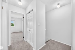 Hallway featuring light gray carpeting, white walls, and a paneled bifold closet door - 