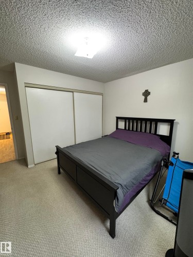 Bedroom with light-toned carpet flooring, white walls, and a popcorn ceiling - 207 18012 95 Avenue, Edmonton, AB 