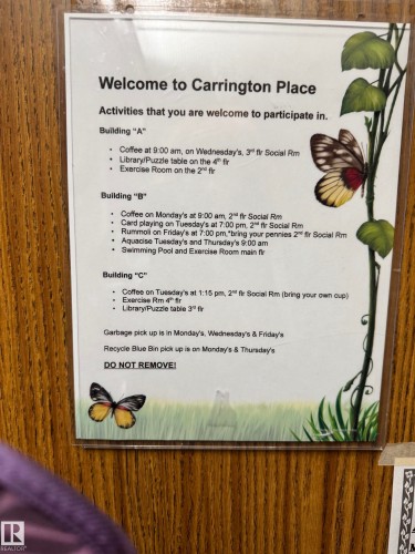 Community Activities Schedule. Providing a listing of events and facility usage times for residents of Carrington Place - 207 18012 95 Avenue, Edmonton, AB 