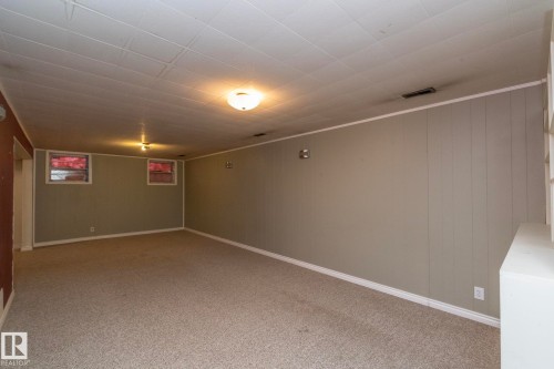 Carpeted room featuring two flush-mount ceiling lights, two transom windows, light gray vertical paneled walls, and white baseboards - 5608 122 Avenue, Edmonton, AB 