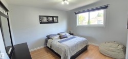 Light-filled room featuring a large window, light-toned walls, and wood-finish flooring - 