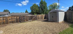 Fenced outdoor space featuring a light-colored storage shed with double doors, set on a raised wooden base - 