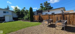 Spacious backyard featuring a manicured lawn, gravel area, and privacy fencing - 