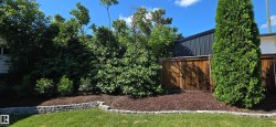 Expansive green lawn with a retaining wall outlining a mulched garden bed - 