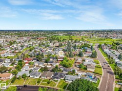 Aerial perspective showcasing a residential neighborhood with a mix of single-story and multi-story homes, mature trees, and ample green spaces - 
