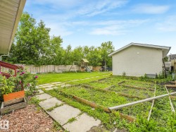 Expansive rear yard featuring a concrete paver pathway, multiple raised garden beds, a detached shed, and a wooden privacy fence - 