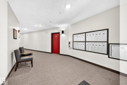 Mailboxes integrated into a clean, neutral hallway with carpet flooring - 
