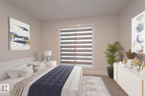 Recessed window with layered horizontal blinds, light-toned walls, and neutral carpeting - 2635 Donaghey Crescent, Edmonton, AB 